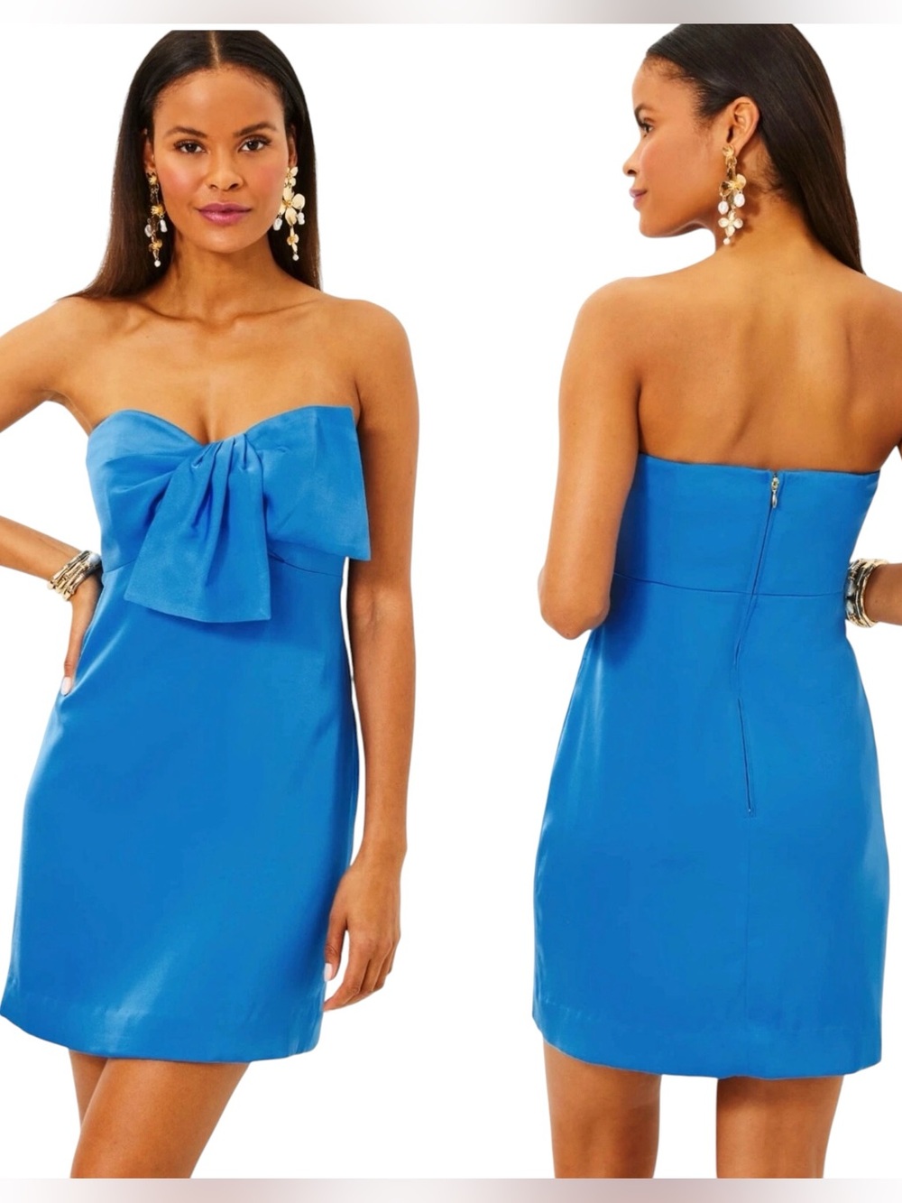 New Lilly Pulitzer Carlynn Strapless Satin Bow Mini Dress in Morelle Blue Size 8